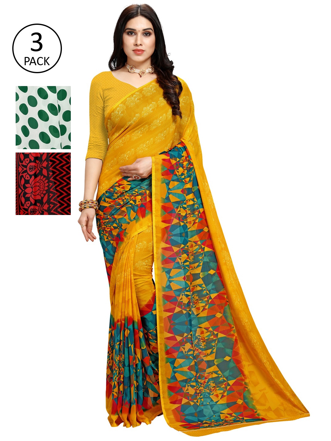 

KALINI Multicoloured Set of 3 Poly Georgette Saree, Multi