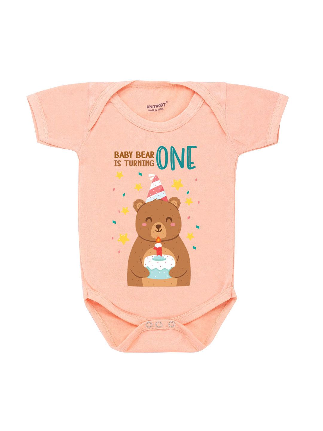 

KNITROOT Infants Peach-Coloured Bear Graphic Printed Bodysuit