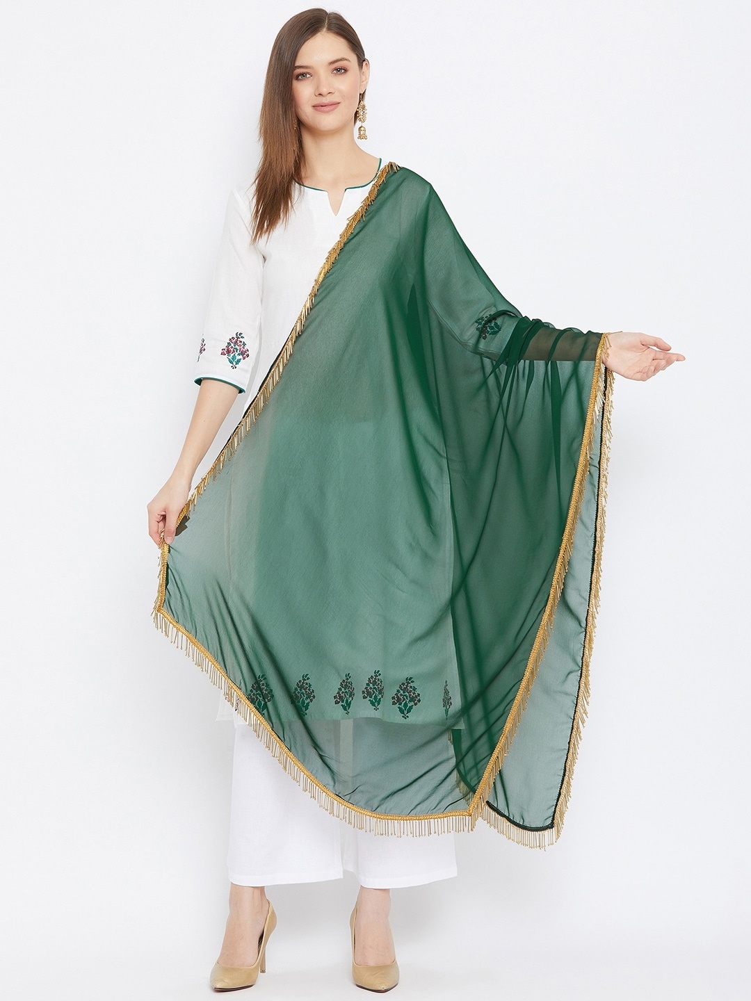 

Bitterlime Green & Gold-Toned Dupatta with Zari