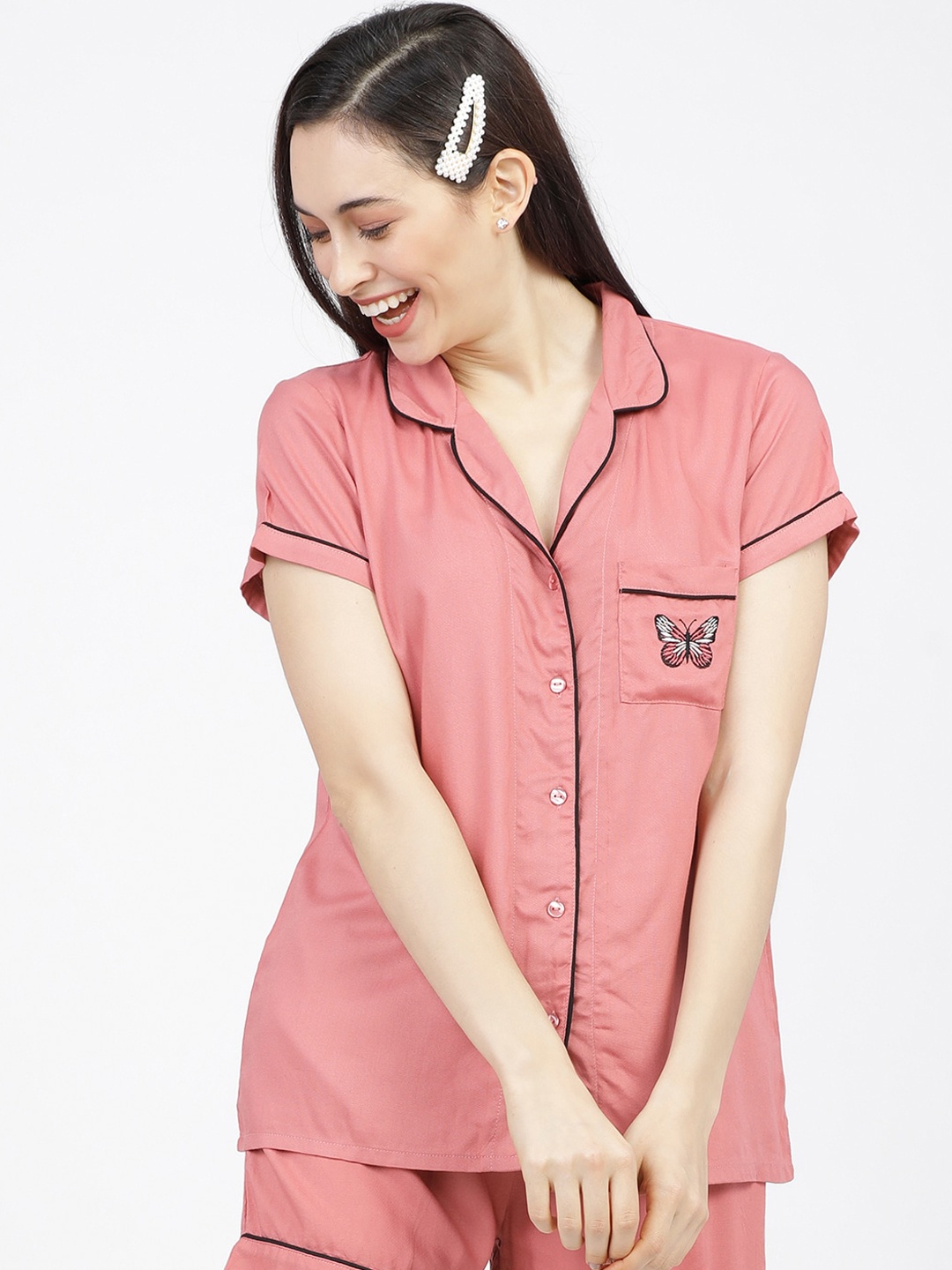 

Tokyo Talkies Women Rose Coloured & Black Solid Sleep Shirt