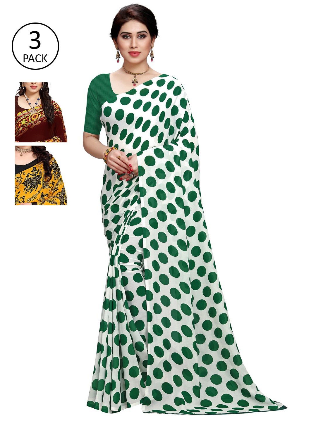 

KALINI White & Green Pack of 3 Printed Saree