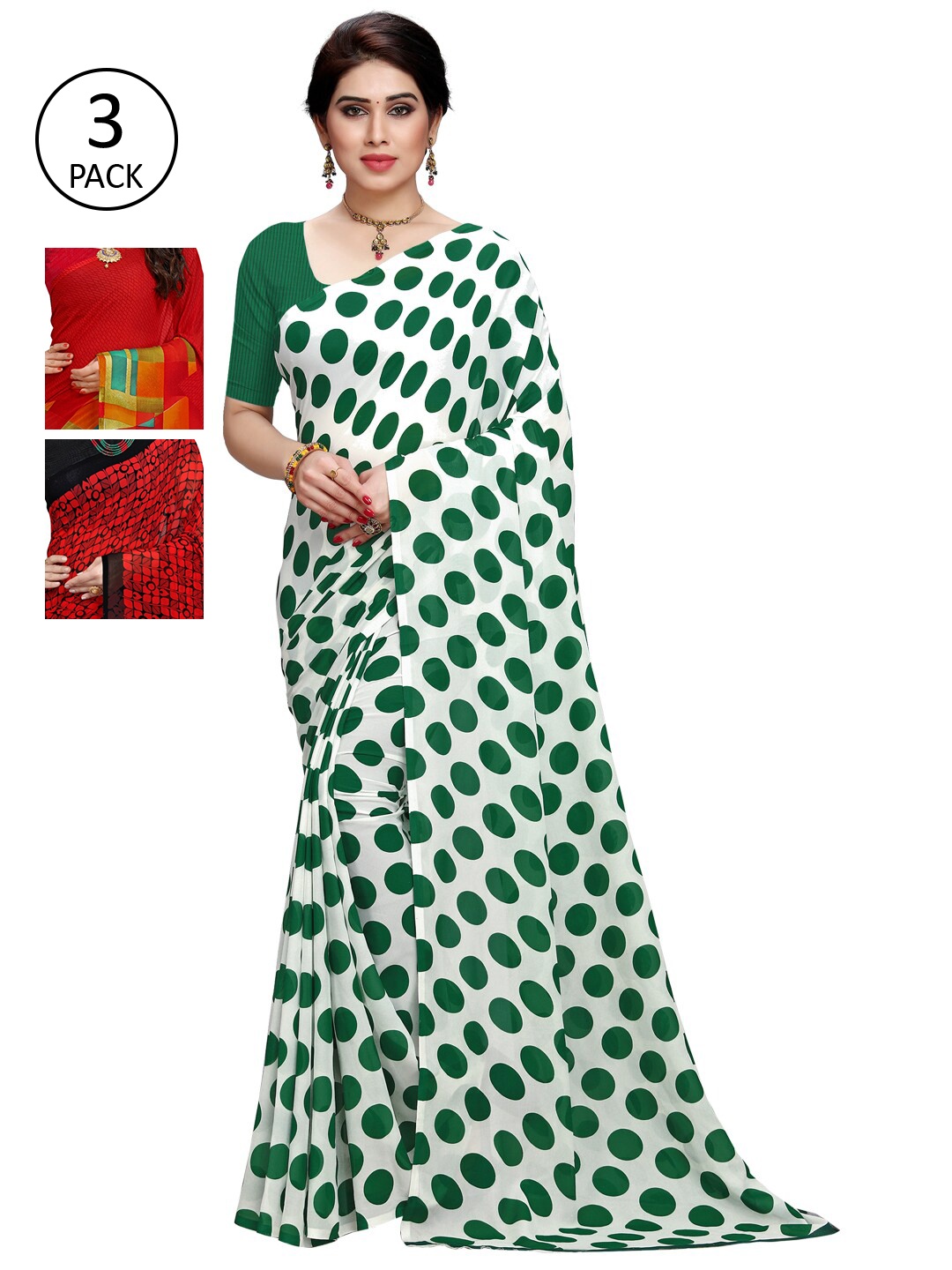 

KALINI Pack of 3 Poly Geirgette Printed Sarees, Green