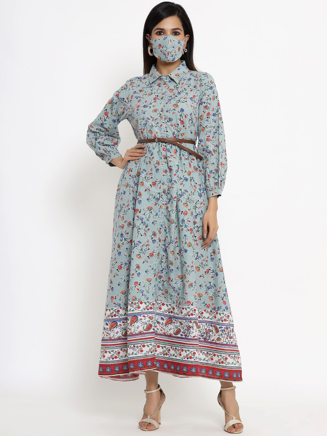 

Juniper Grey & Red Floral Shirt Style Dress Maxi Dress With Belt & Mask