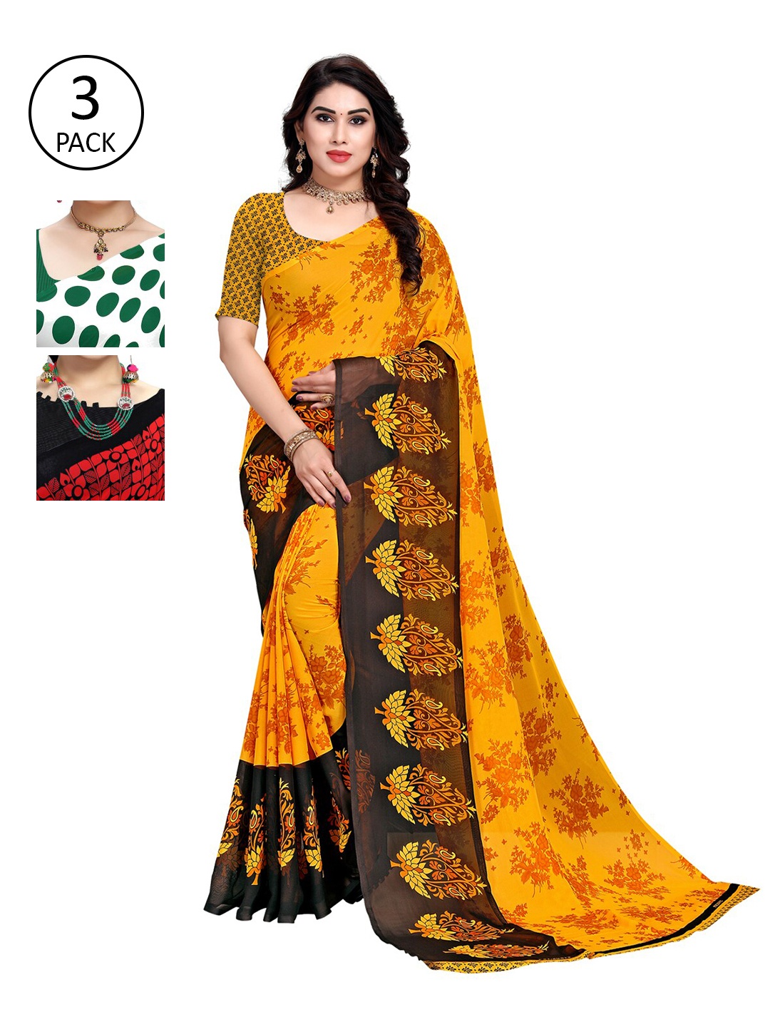 

KALINI Multicoloured Set of 3 Poly Georgette Saree, Multi