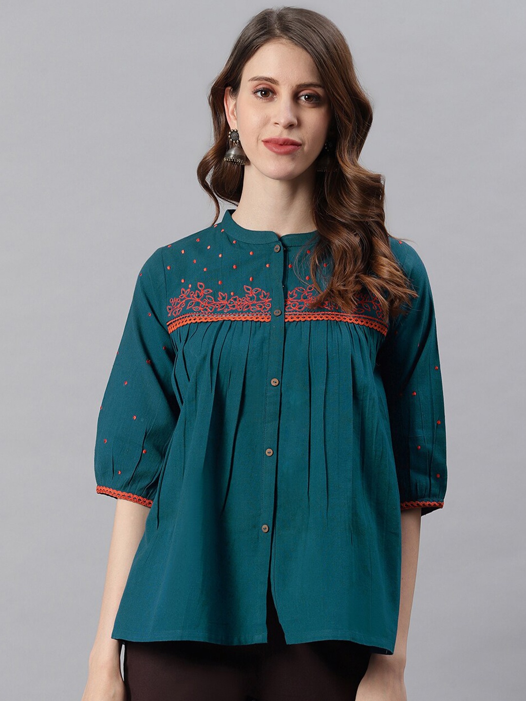 

Janasya Women Floral Embroidered Mandarin Collar Puff Sleeves Cotton Regular Top, Teal