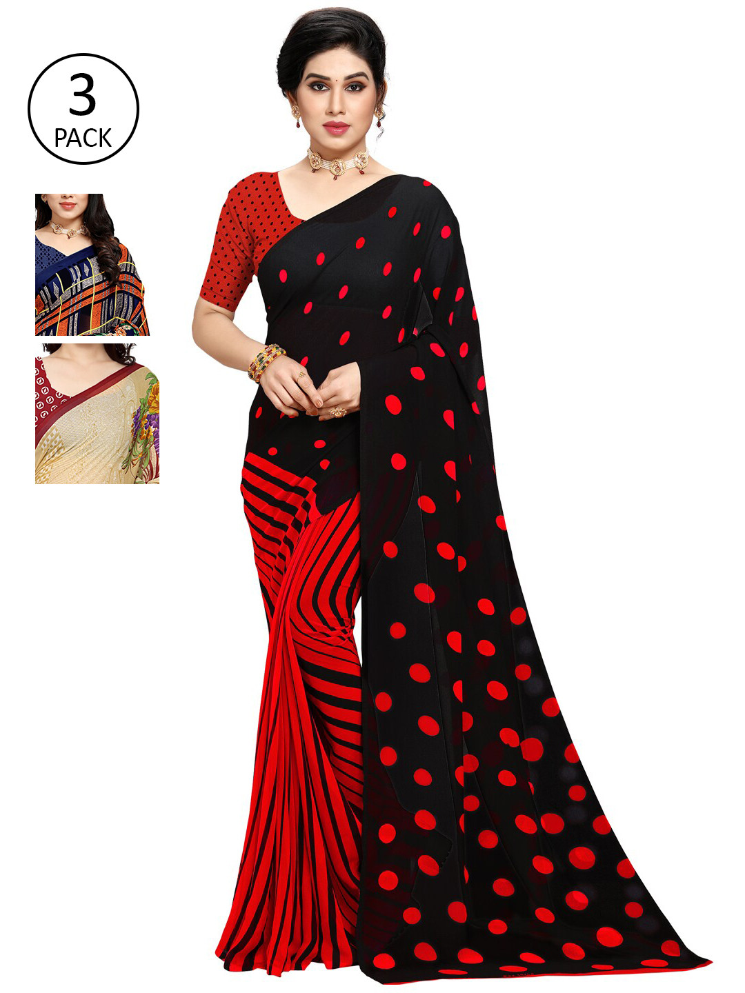 

KALINI Women Pack of 3 Printed Sarees, Black