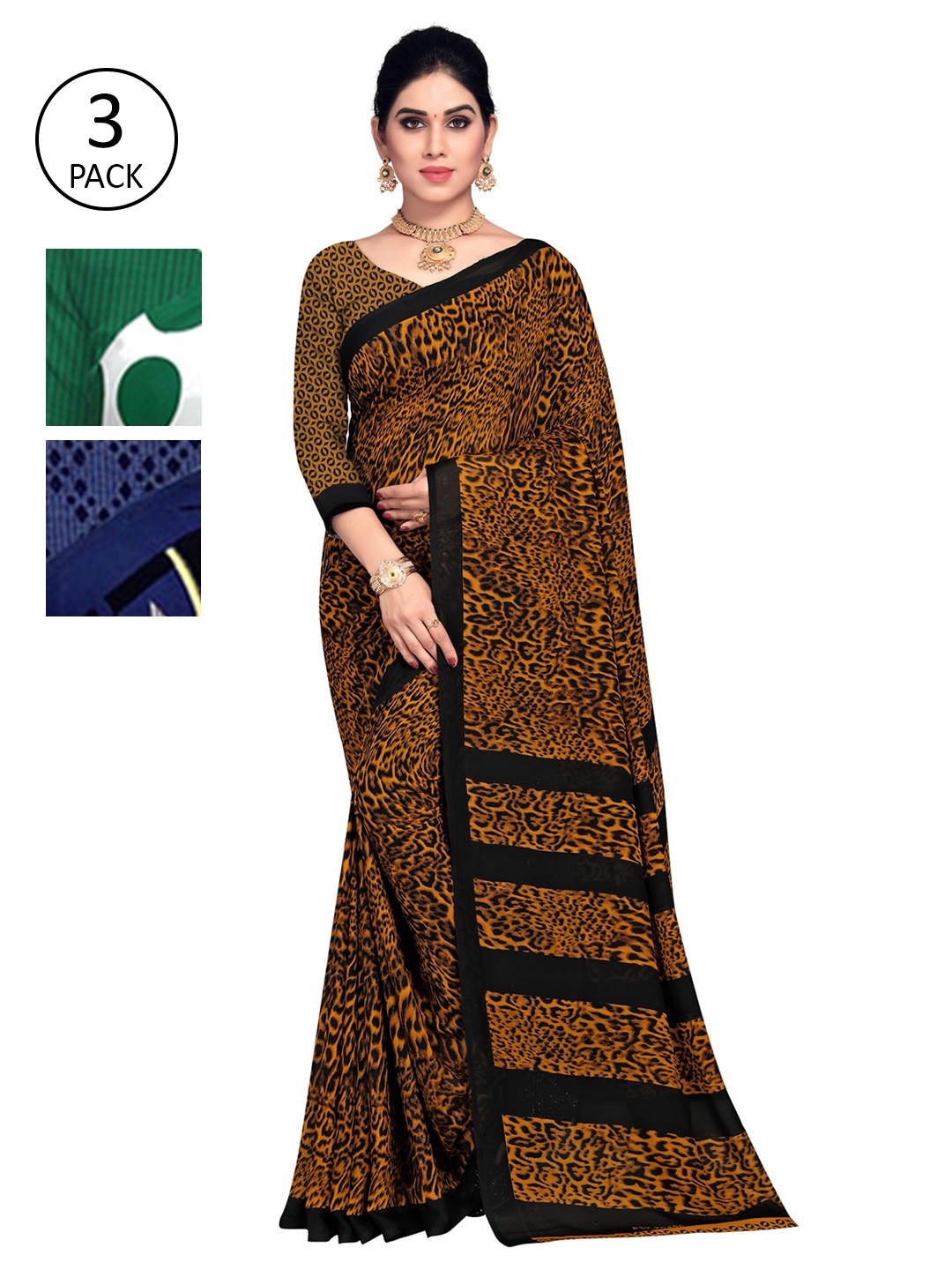 

KALINI Multicoloured Set of 3 Poly Georgette Saree, Multi