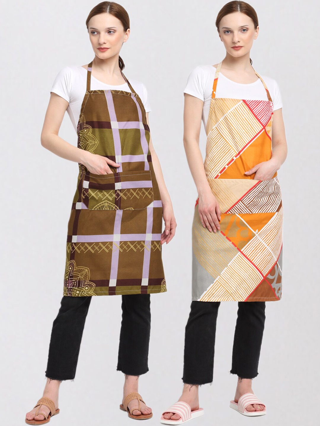 

KLOTTHE Unisex Pack Of 2 Printed Cotton 210 TC Aprons, Brown