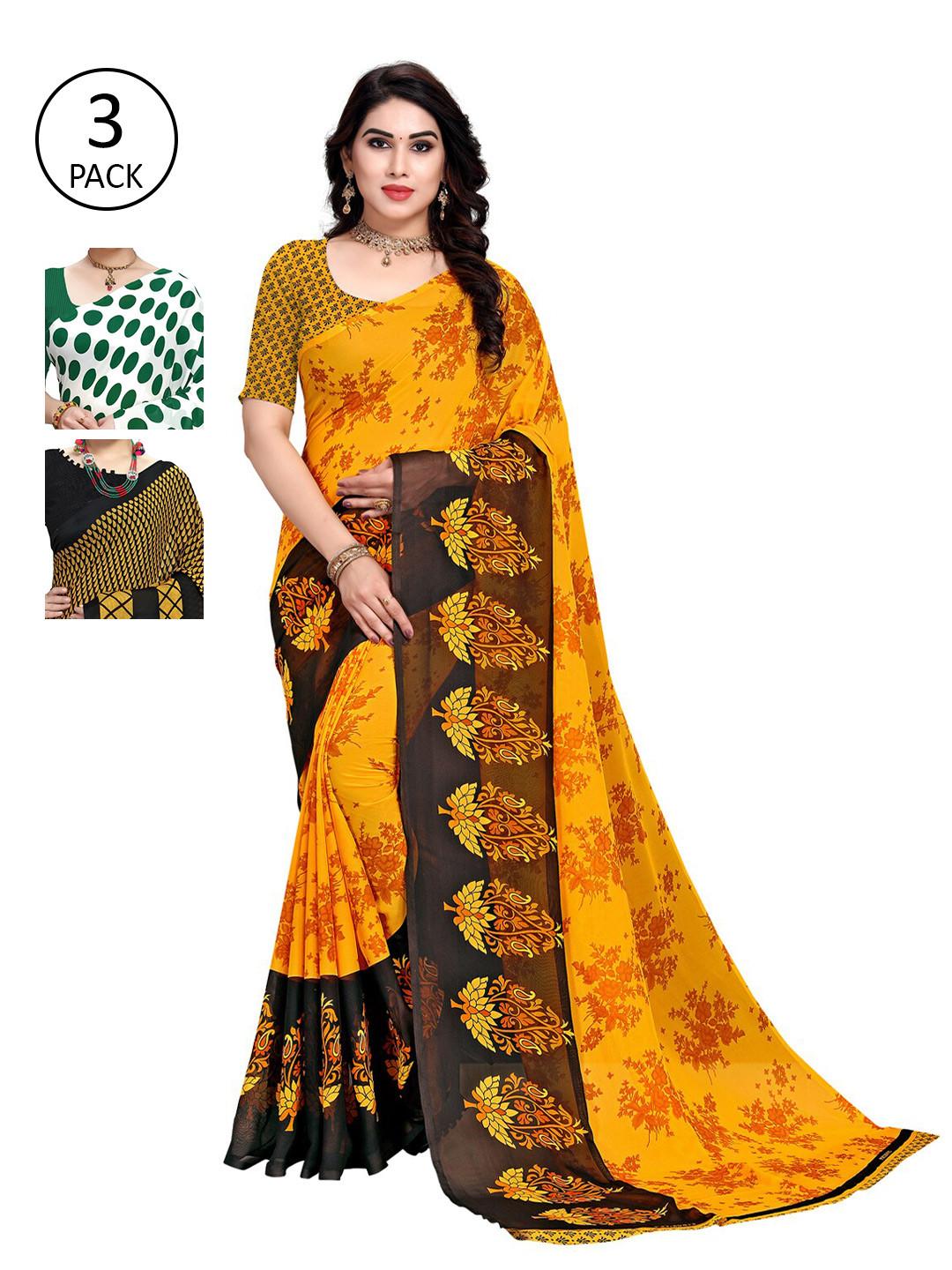 

KALINI Pack Of 3 Poly Georgette Sarees, White