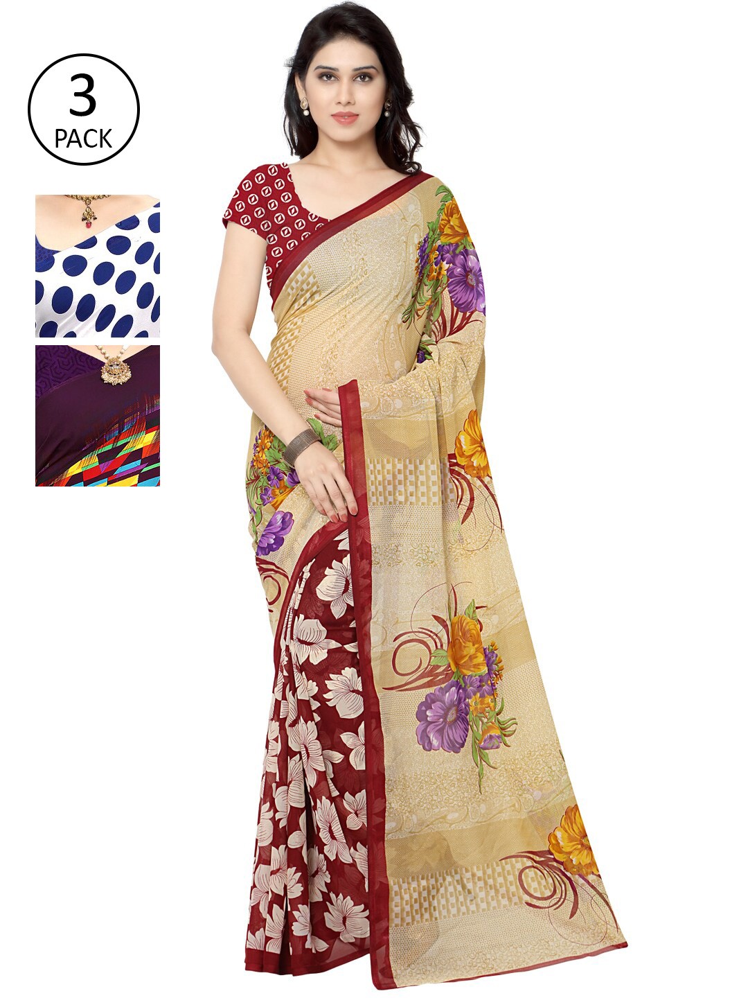 

KALINI Pack Of 3 Poly Georgette Sarees, White