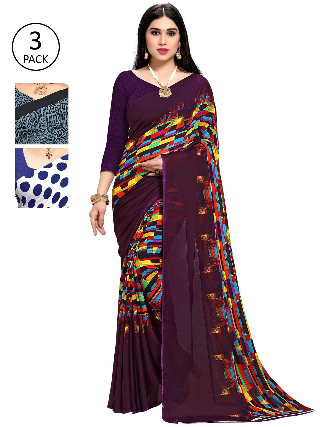 

KALINI Women Pack Of 3 Printed Sarees, Purple