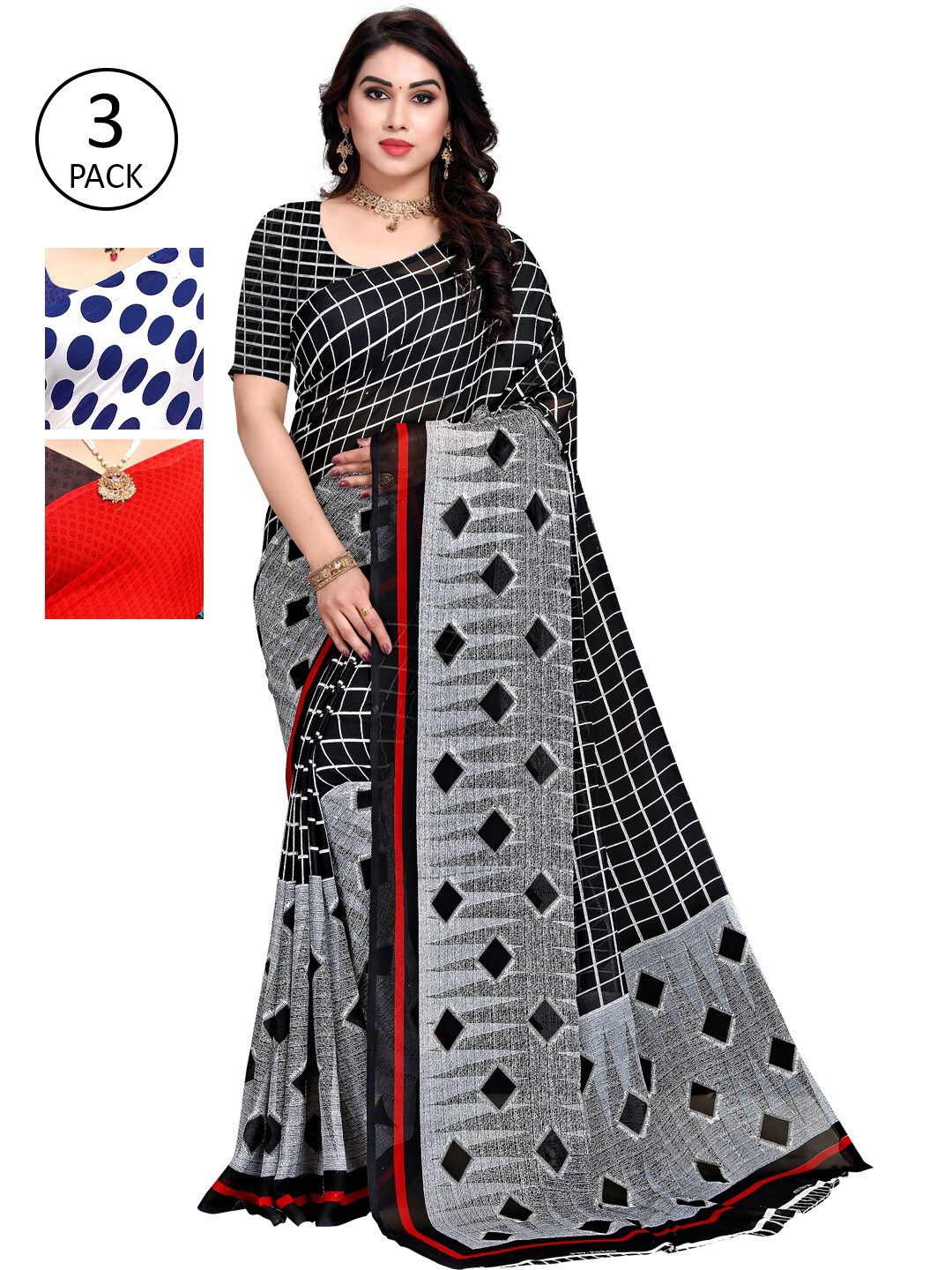 

KALINI Multicoloured Set of 3 Poly Georgette Saree, Multi