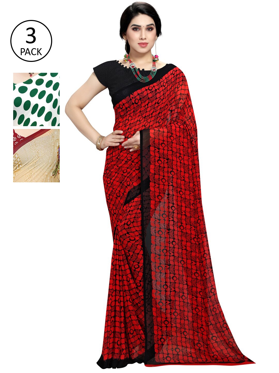 

KALINI White & Red Pack of 3 Saree