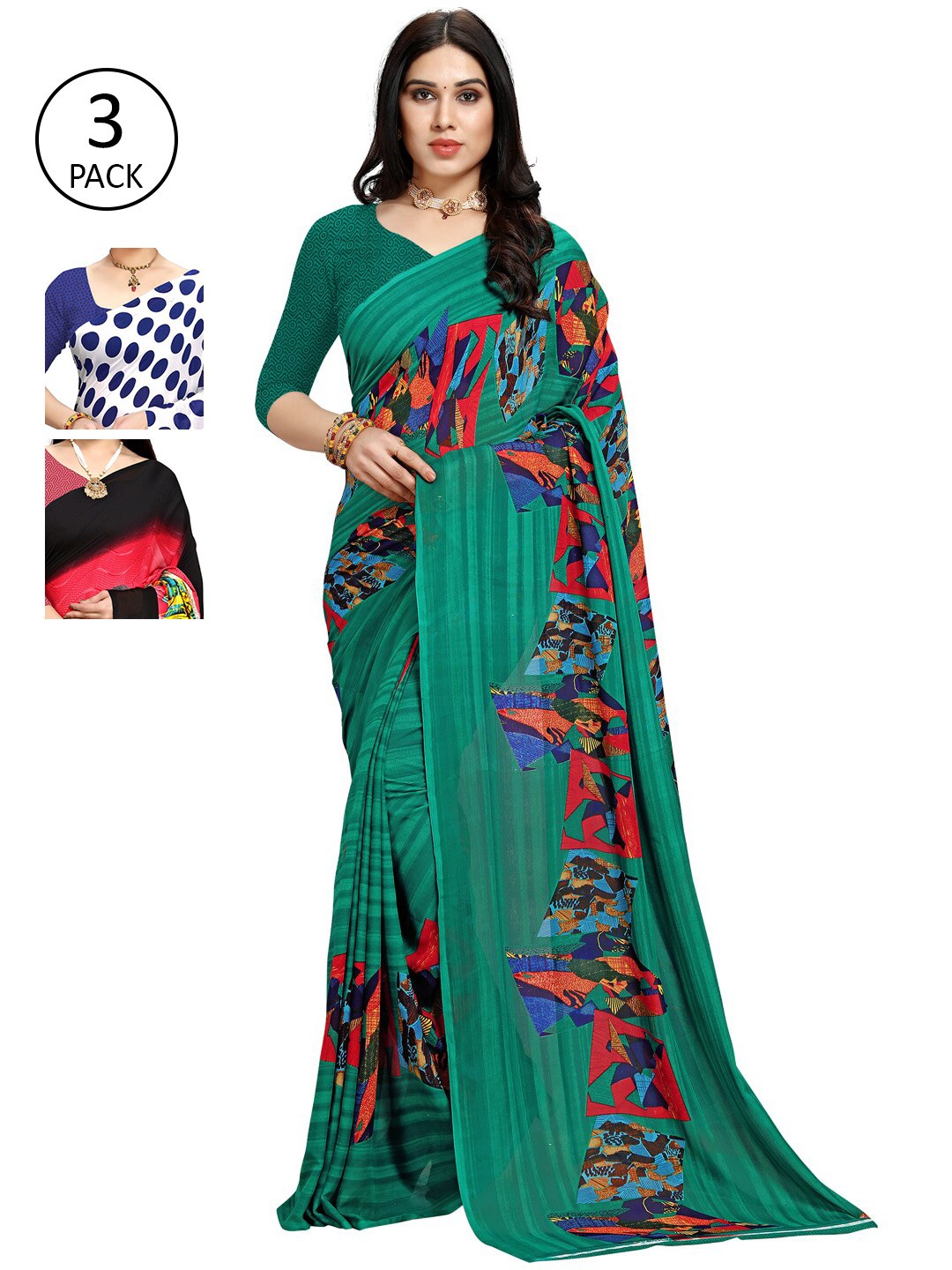 

KALINI Pack of 3 Printed Poly Georgette Sarees, Multi
