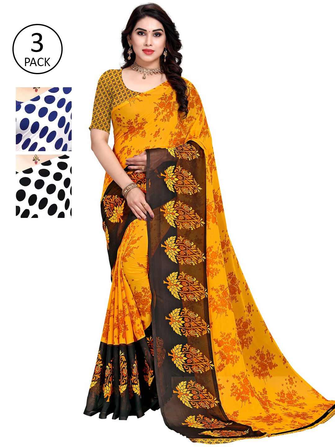 

KALINI Pack Of 3 Poly Georgette Sarees, White