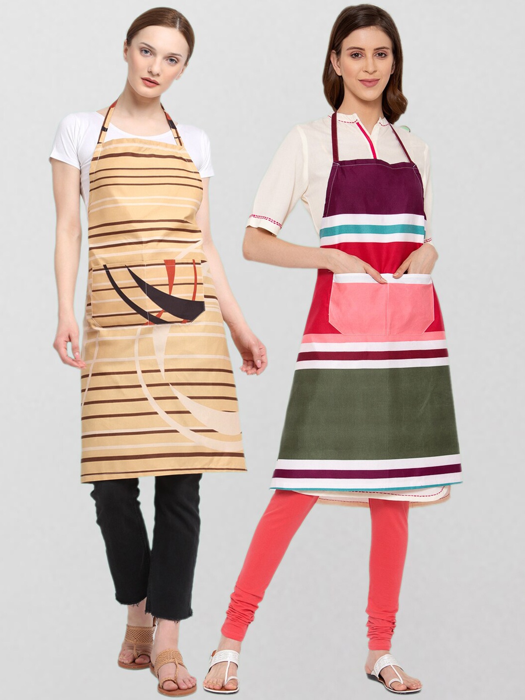 KLOTTHE Unisex Pack Of 2 Striped 210 TC Cotton Aprons, Beige