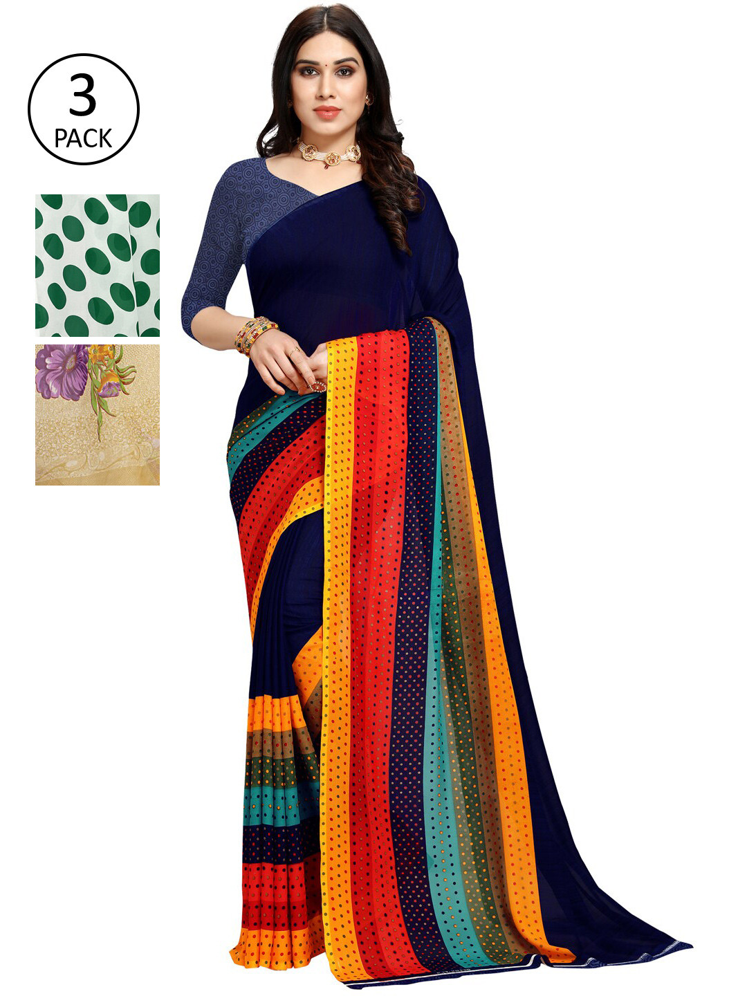 

KALINI Pack of 3 Printed Poly Georgette Saree, Multi