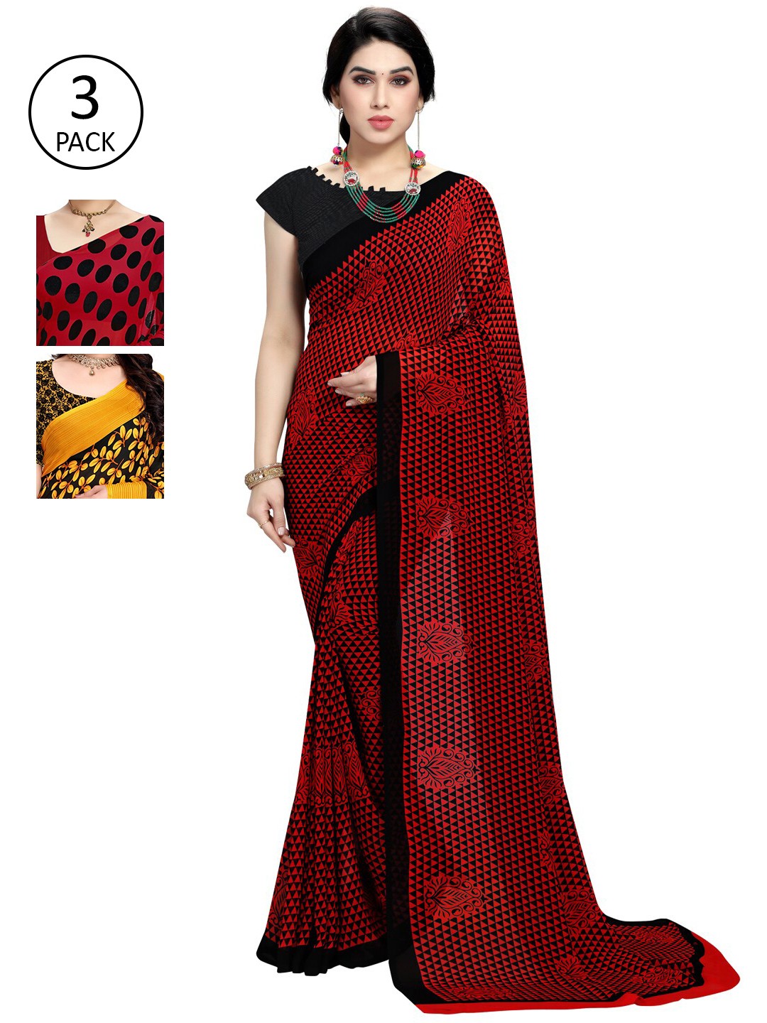 

KALINI Pack of 3 Poly Georgette Sarees, Yellow