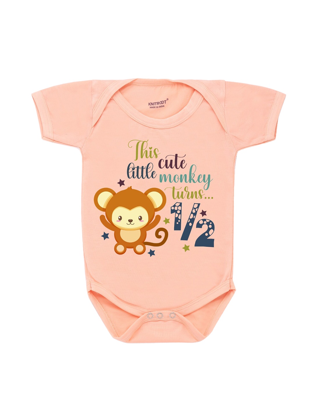 

KNITROOT Infant Kids Peach-Coloured & Navy Blue Printed Bodysuit
