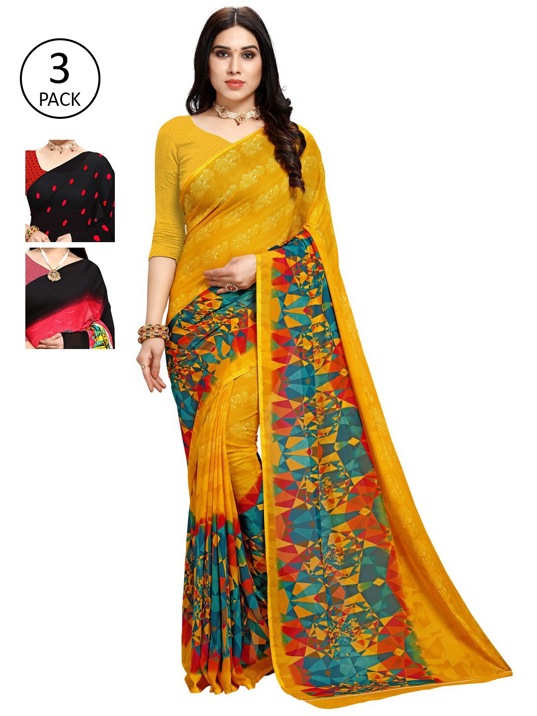 

KALINI Pack Of 3 Poly Georgette Sarees, Yellow