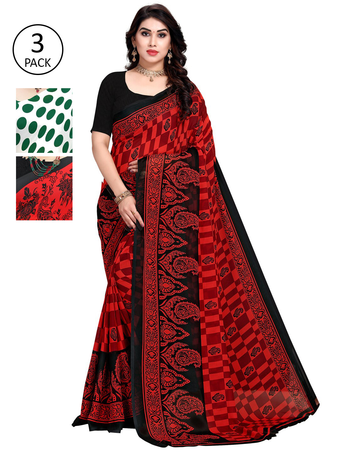 

KALINI Pack of 3 Poly Georgette Sarees, Green