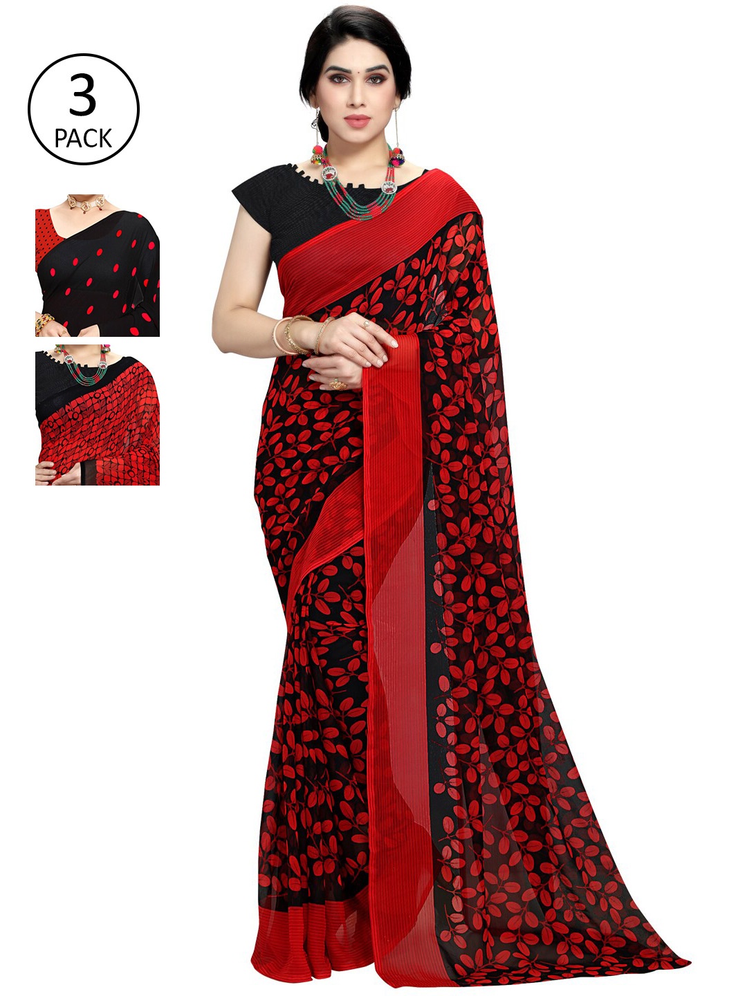 

KALINI Red & Black Pack of 3 Printed Saree