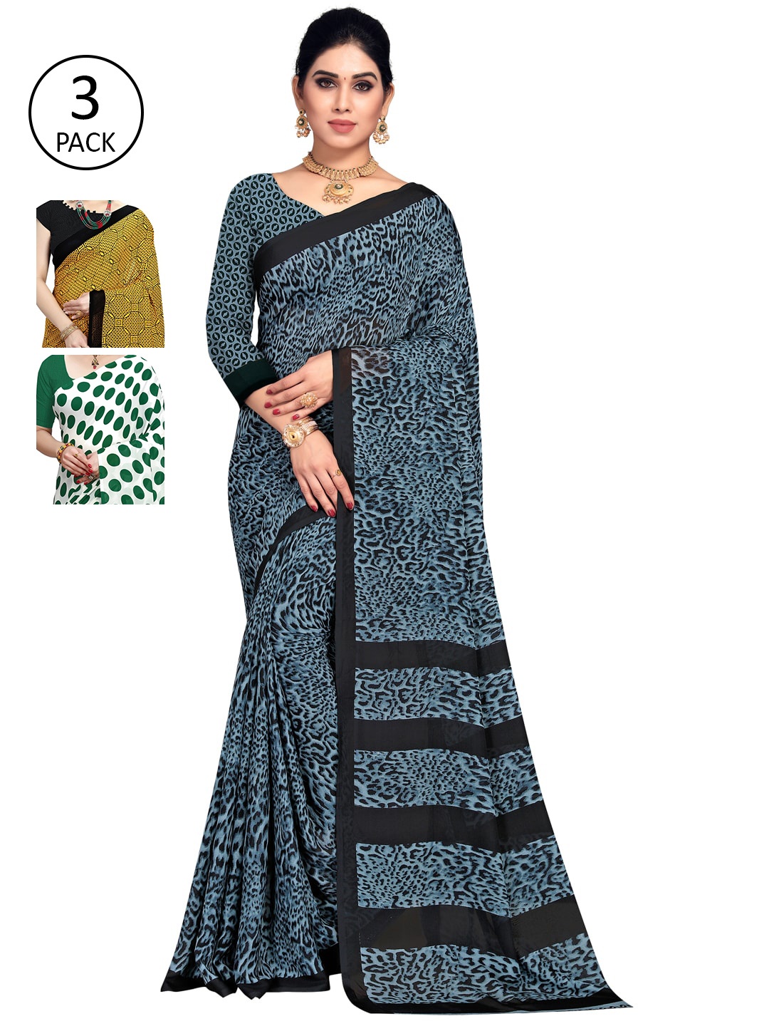 

KALINI Women Pack of 3 Printed Poly Georgette Sarees, White