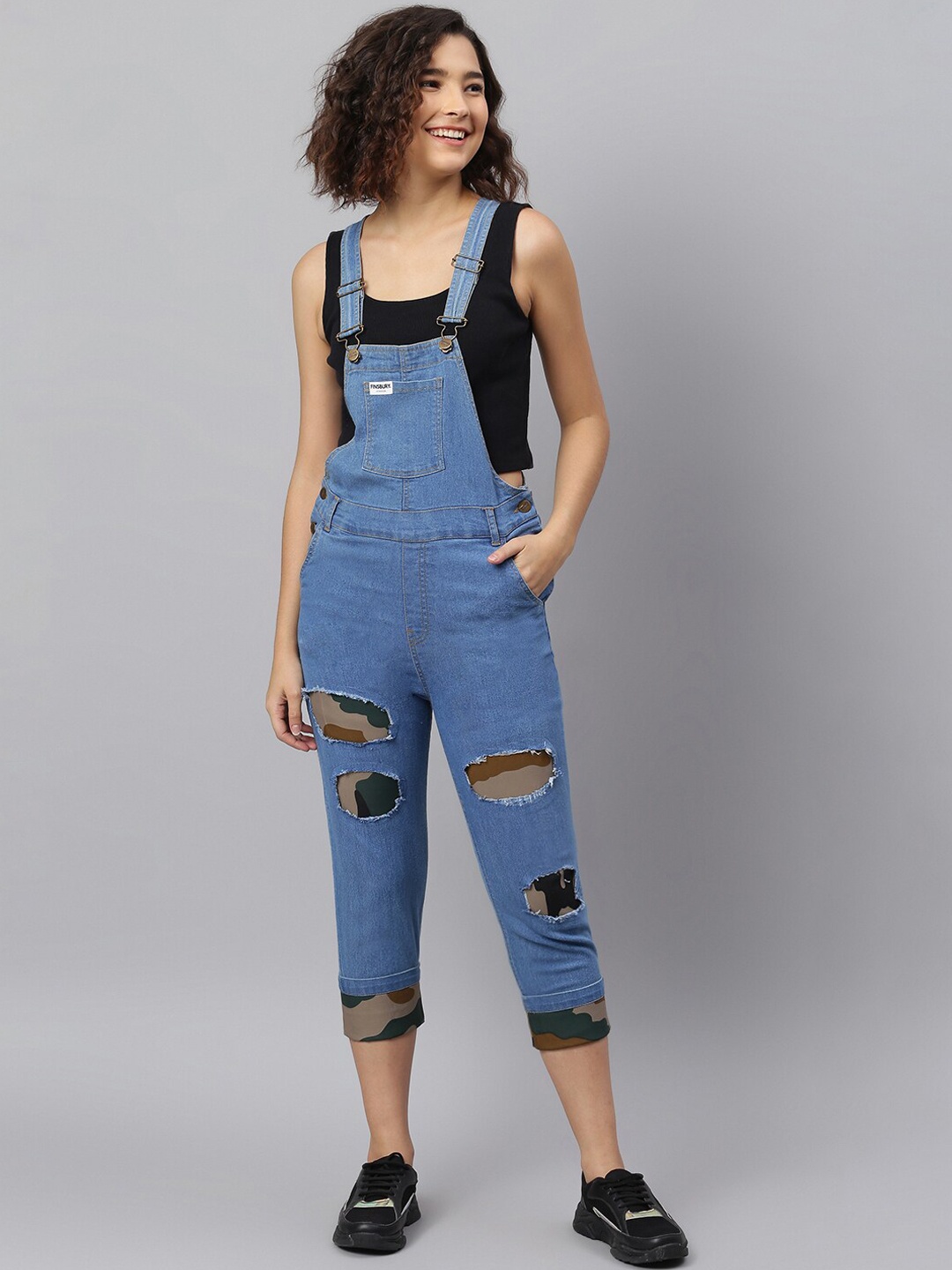 

FINSBURY LONDON Women Denim Dungaree with Camouflage Print Infusion, Blue