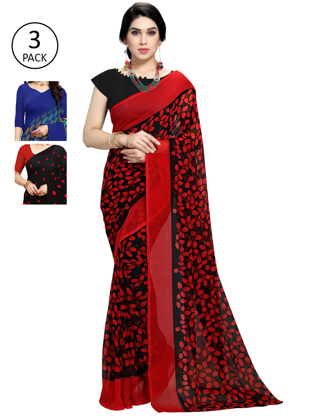 

KALINI Pack Of 3 Poly Georgette Sarees, Blue