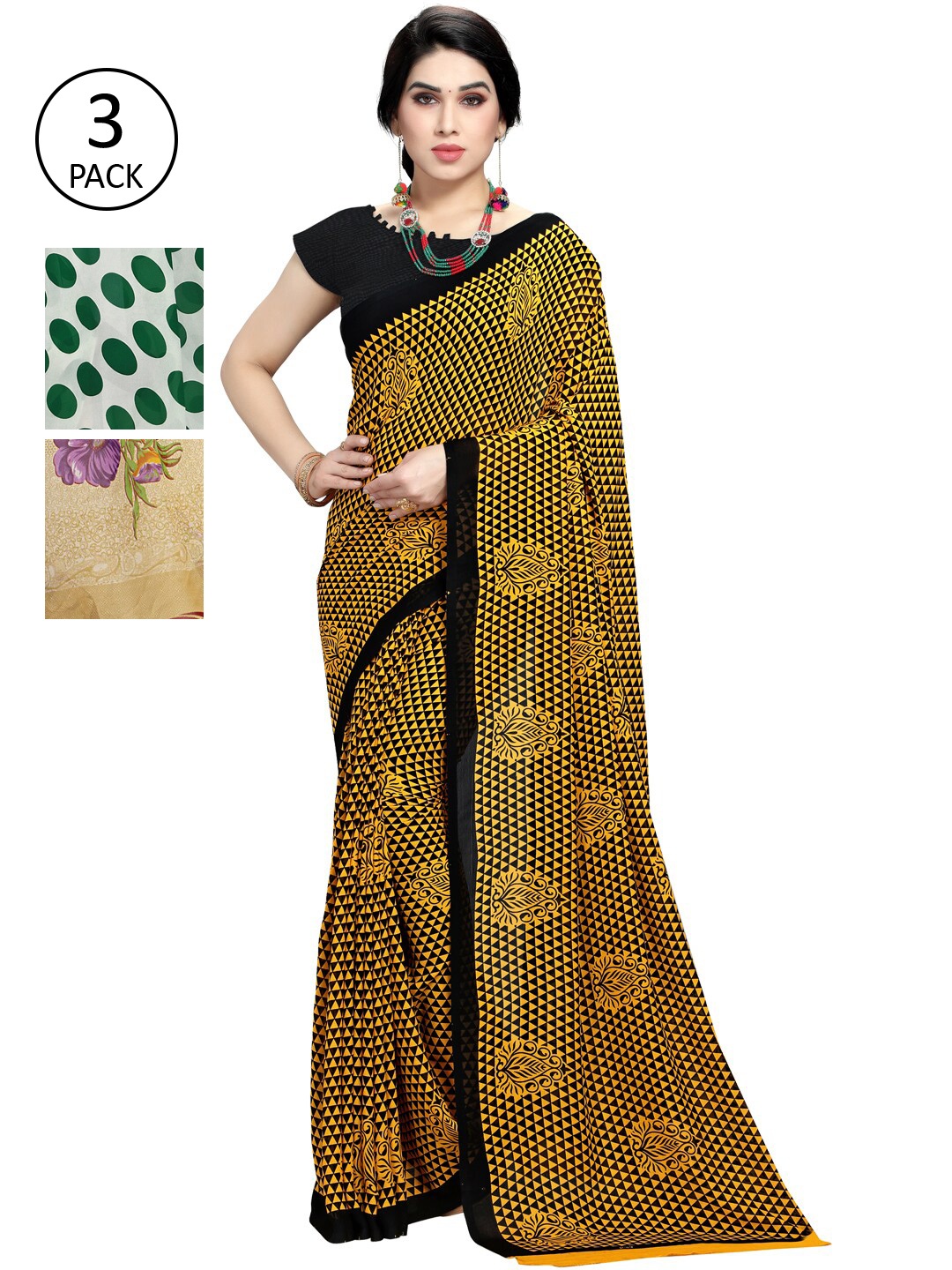 

KALINI Pack Of 3 Poly Georgette Printed Sarees, White