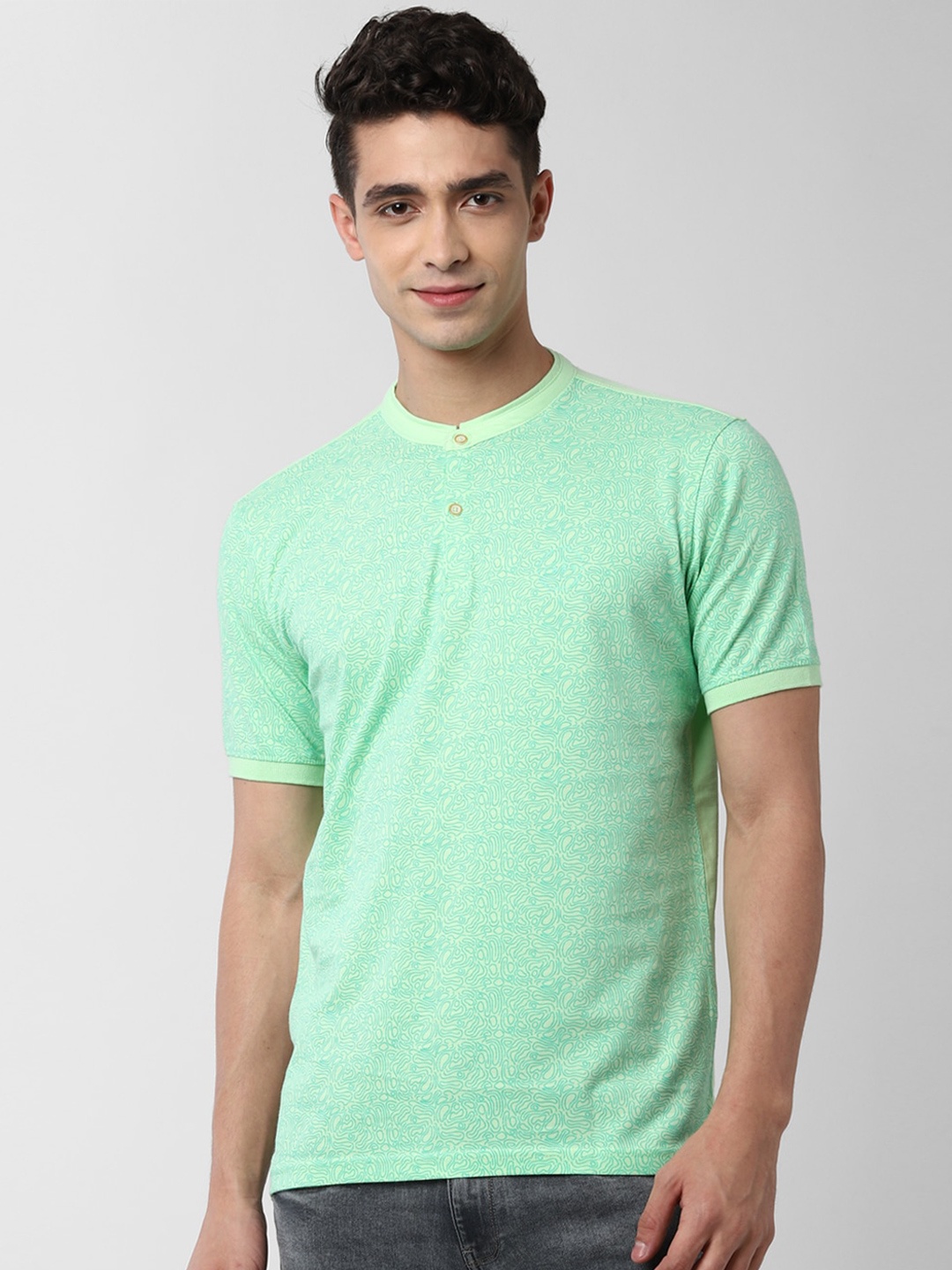 Peter England Casuals Men Green Printed Henley Neck Cotton T-shirt