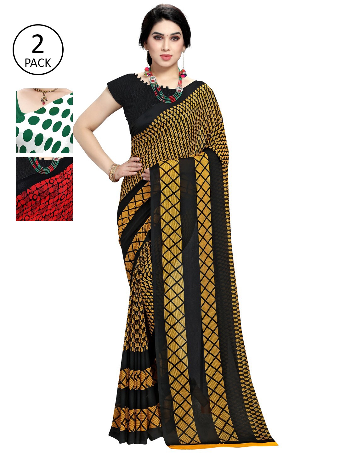 

KALINI Pack of 3 Poly Geirgette Printed Sarees, Green