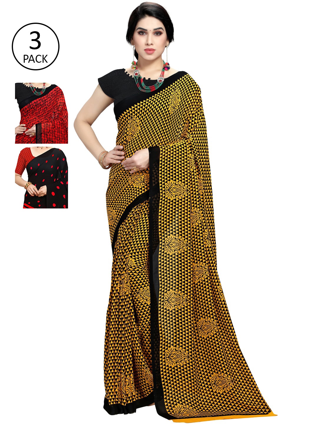 

KALINI Pack Of 3 Multicoloured Poly Georgette Sarees, Multi