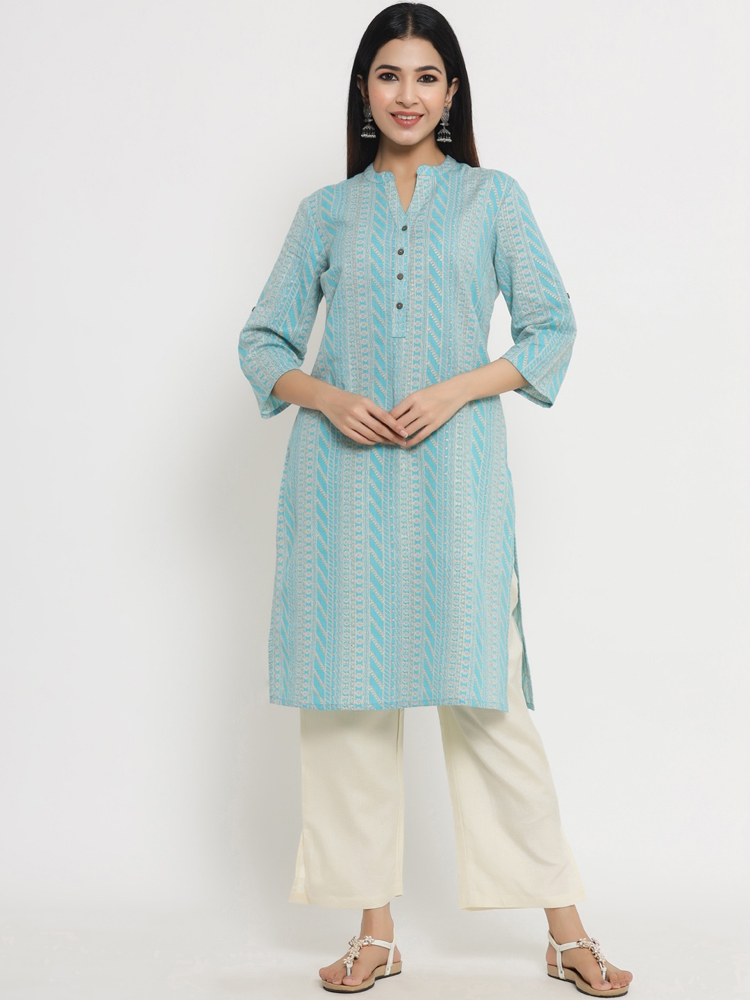 

Sangria Women Turquoise Blue Ethnic Motifs Printed Kurta with Trousers
