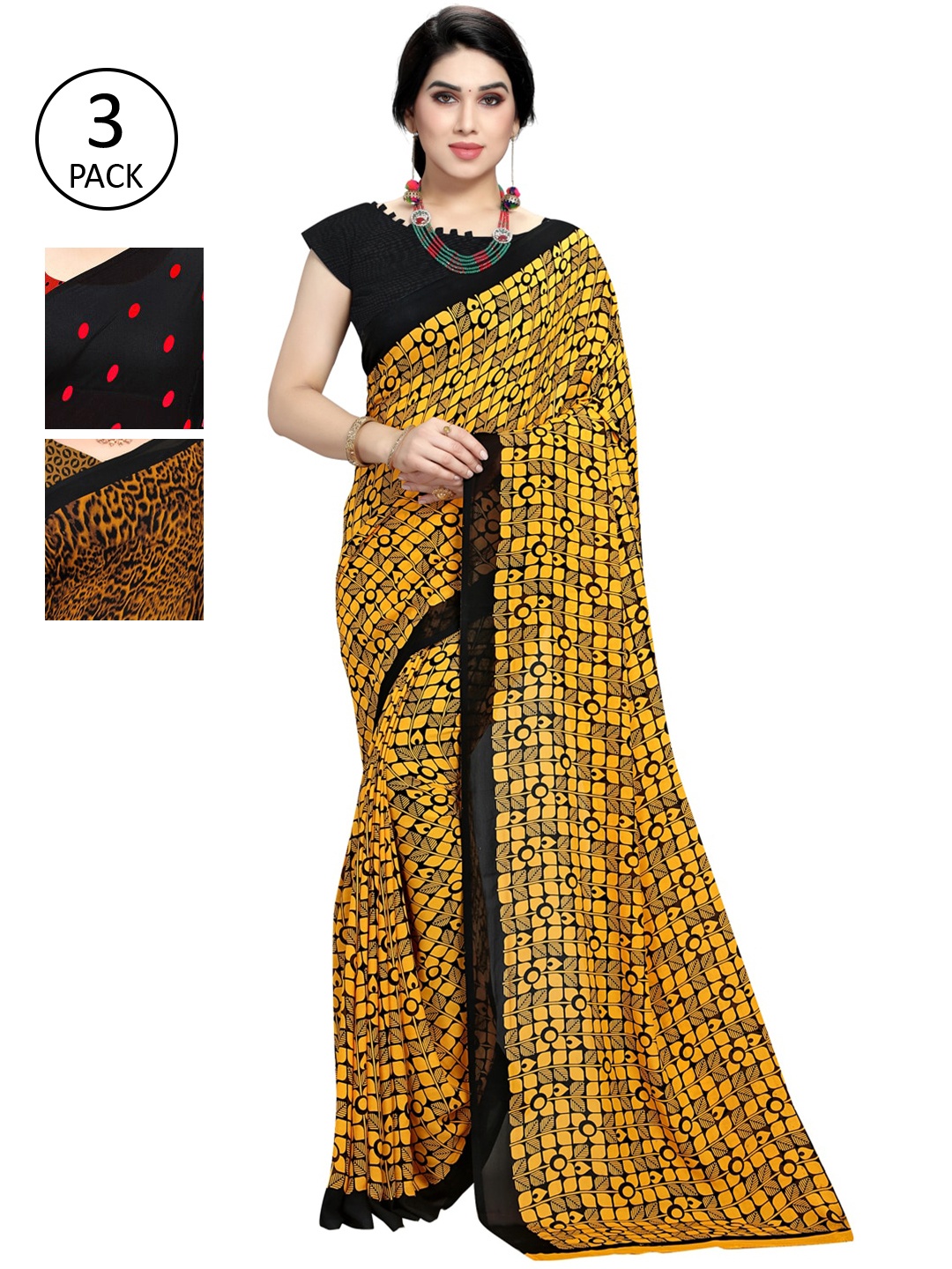

KALINI Pack of 3 Poly Georgette Sarees, Red