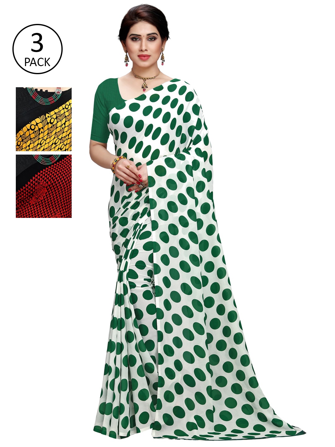 

KALINI Women Pack of 3 Printed Poly Georgette Sarees, Red