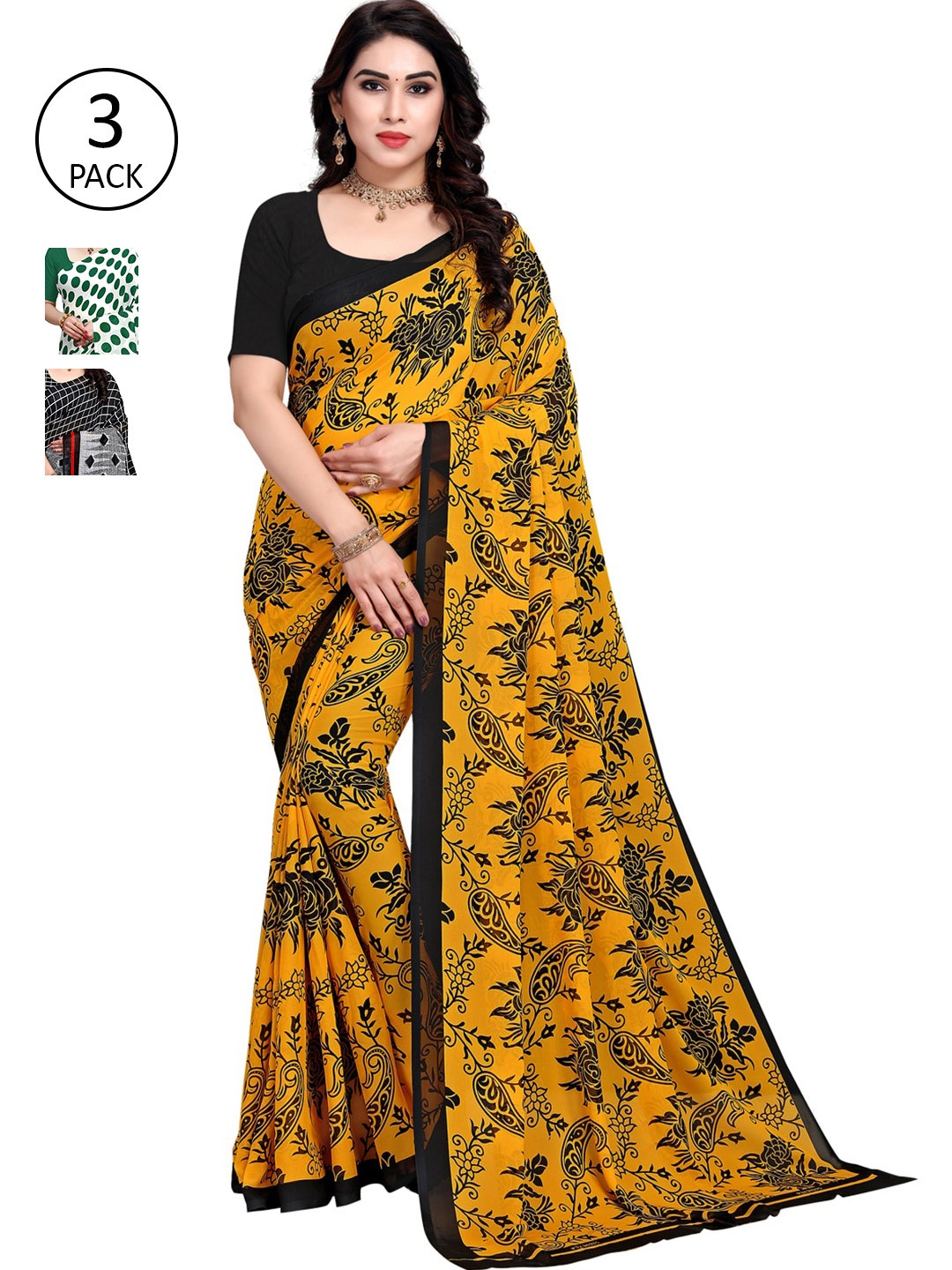 KALINI Women Pack of 3 Printed Poly Georgette Sarees, Green