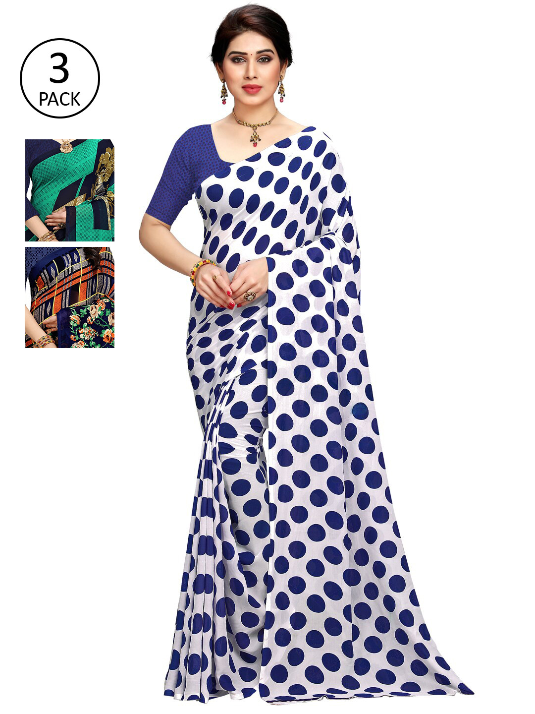 

KALINI Pack Of 3 Poly Georgette Sarees, White