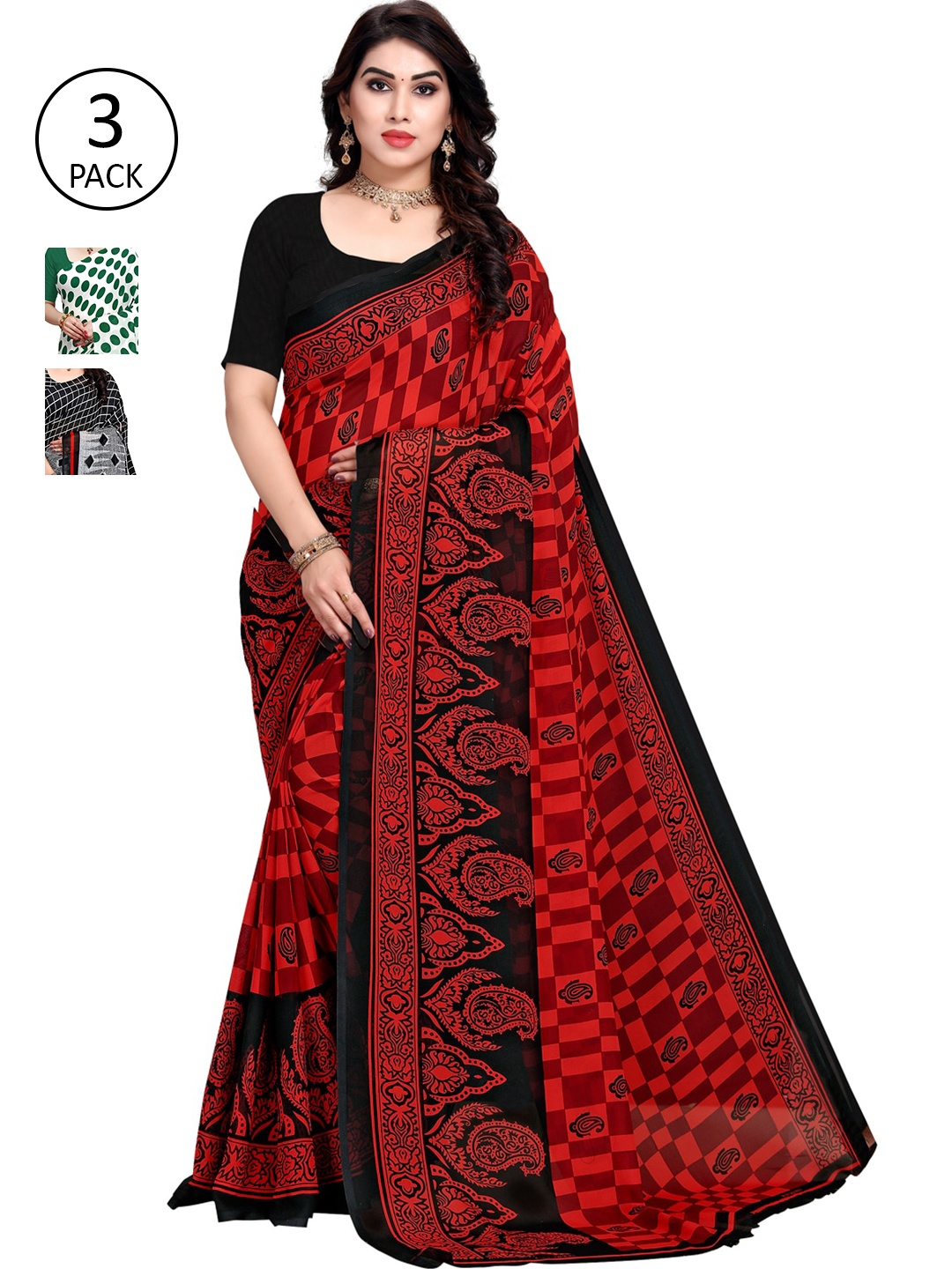 

KALINI Women Pack of 3 Printed Poly Georgette Sarees, White