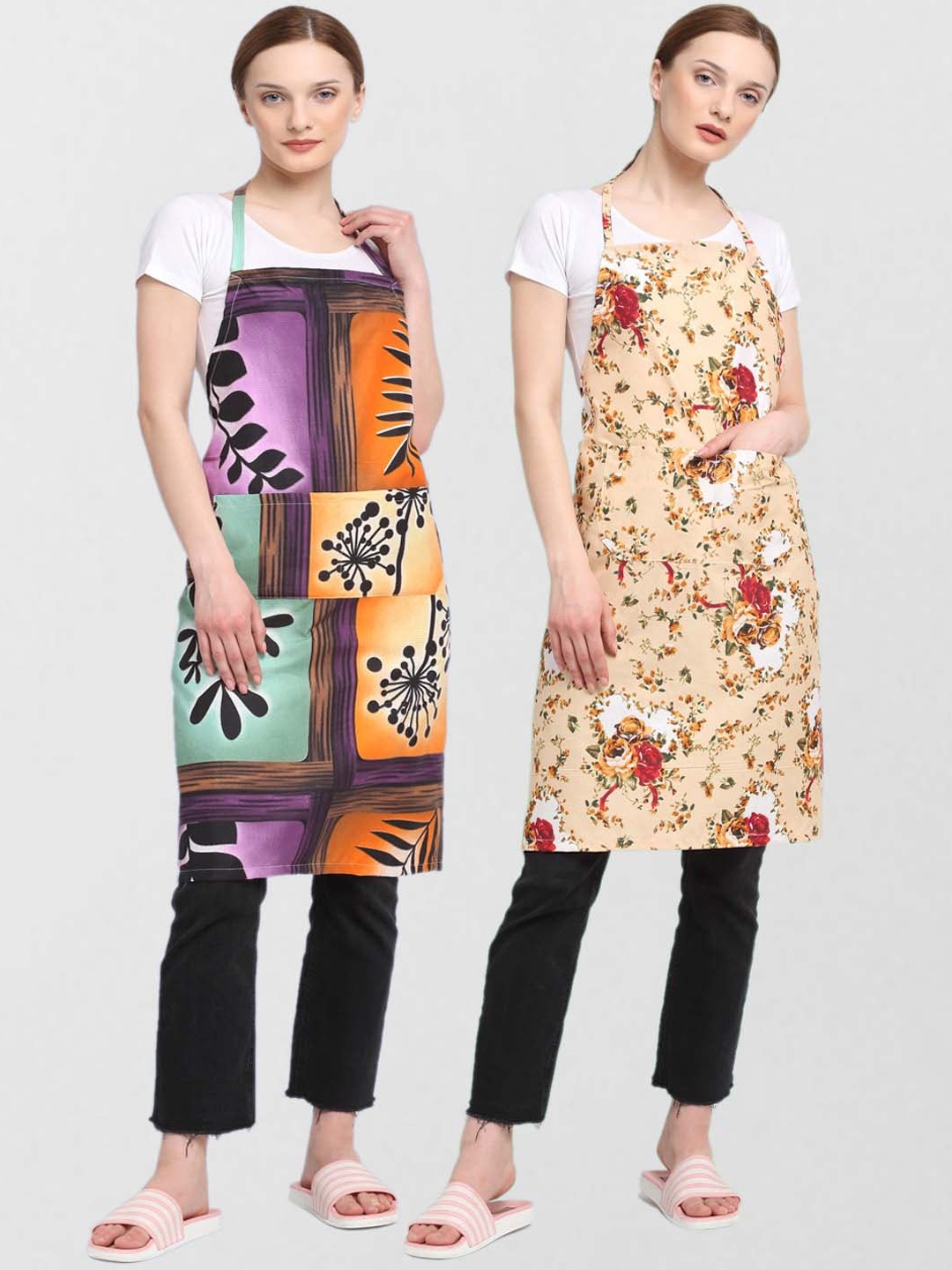 

KLOTTHE Pack Of 2 Printed 210 TC Cotton Aprons, Beige