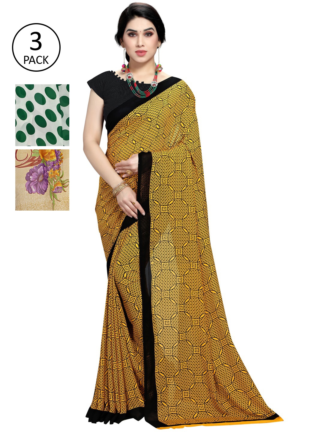 

KALINI Multicoloured Set of 3 Poly Georgette Saree, Multi