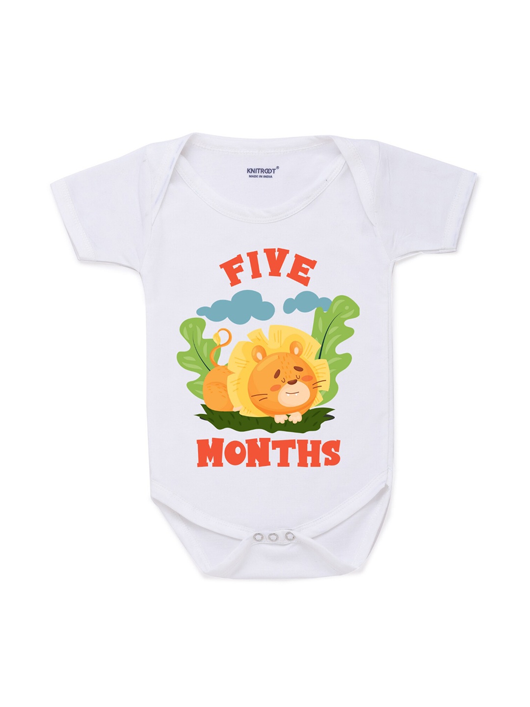 

KNITROOT Infant Kids White & Orange Lion Five Month Printed Bodysuit