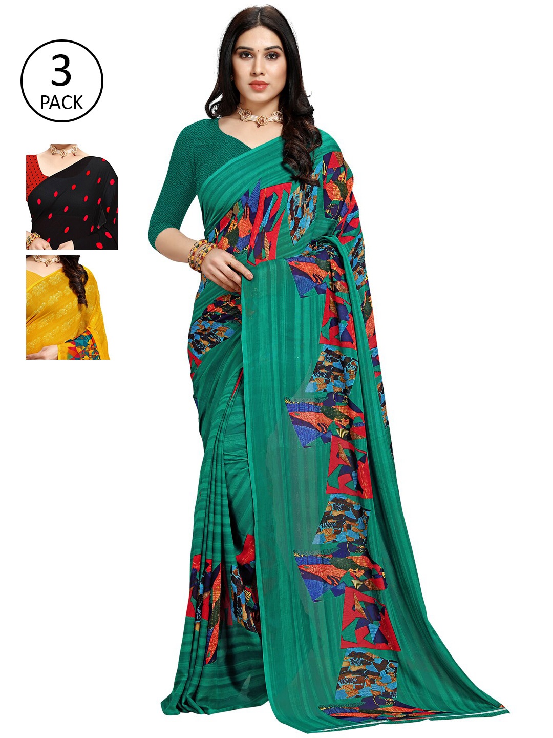 

KALINI Women Pack of 3 Printed Sarees, Black