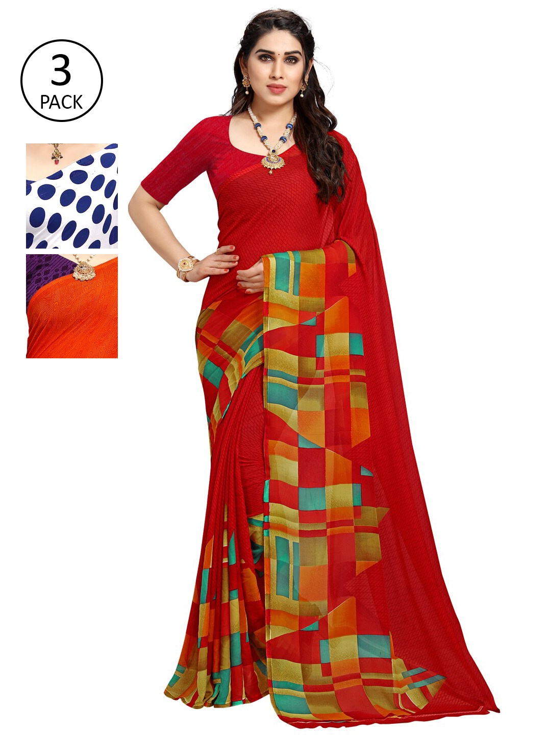 

KALINI Pack Of 3 Multicoloured Poly Georgette Sarees, Multi