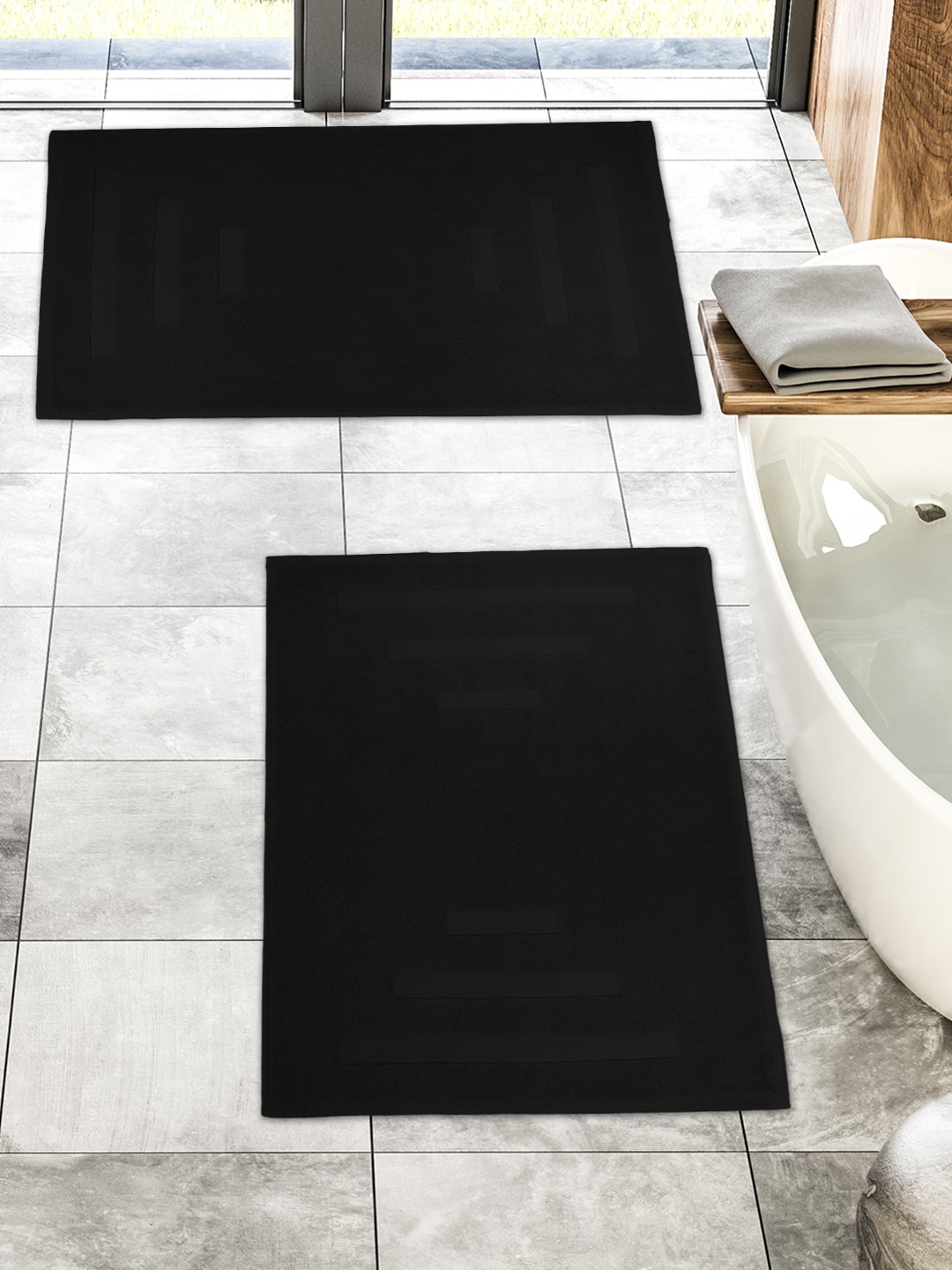 MYTRIDENT Set Of 2 Black Checked 1200 GSM Cotton Bath Mats