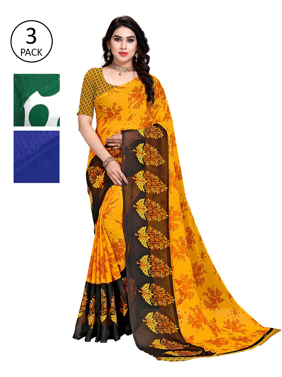 

KALINI Pack of 3 Printed Poly Georgette Saree, Multi