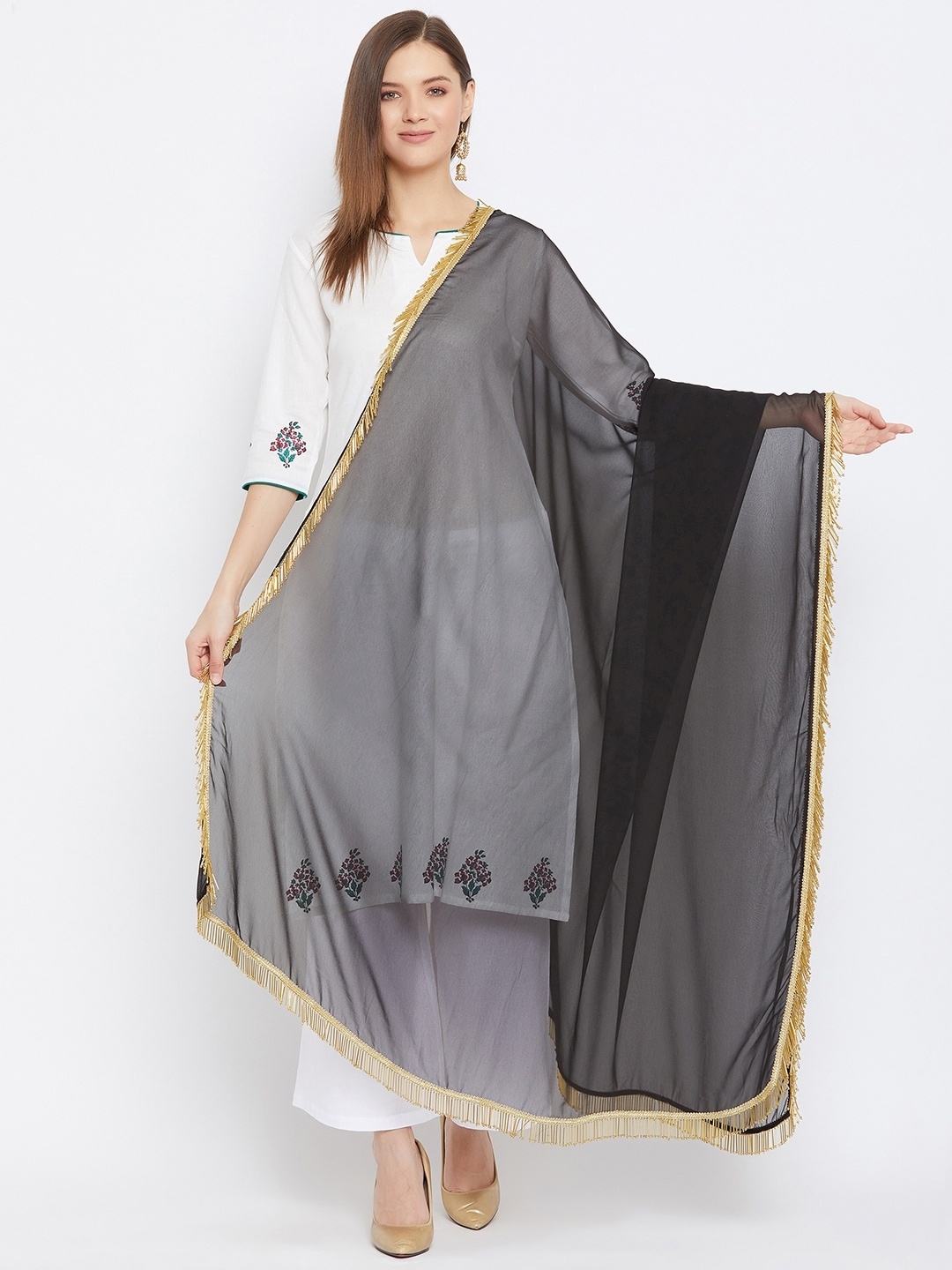 

Bitterlime Black & Gold-Toned Ethnic Motifs Woven Design Dupatta with Zari