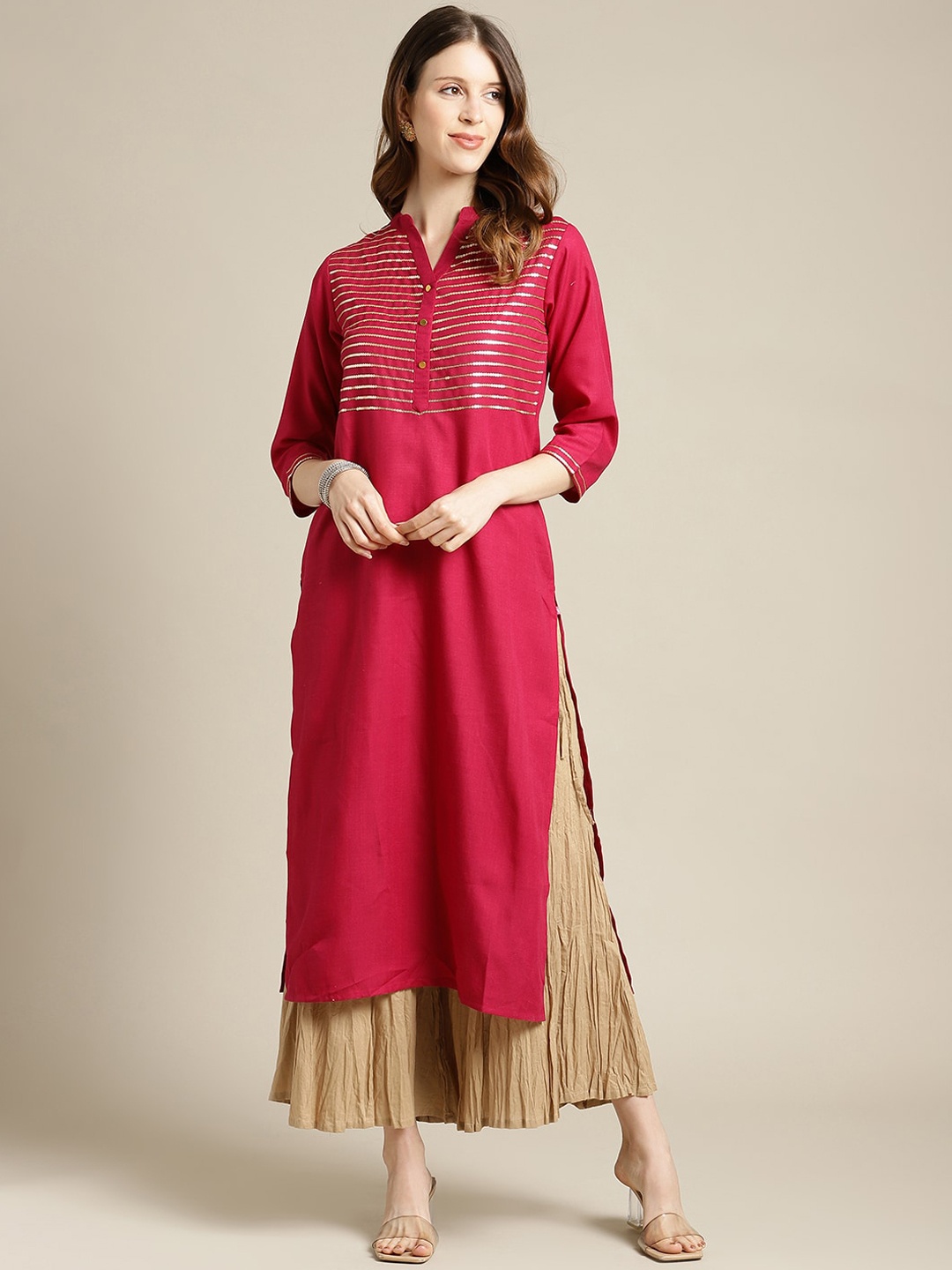 

Varanga Women Magenta Yoke Design Sequinned Pure Cotton Kurta with Palazzos
