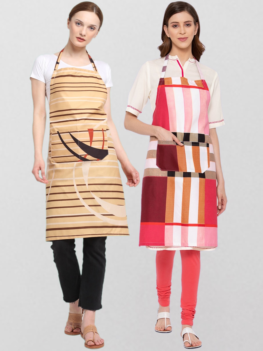 

KLOTTHE Pack Of 2 Striped 210 TC Cotton Aprons, Beige