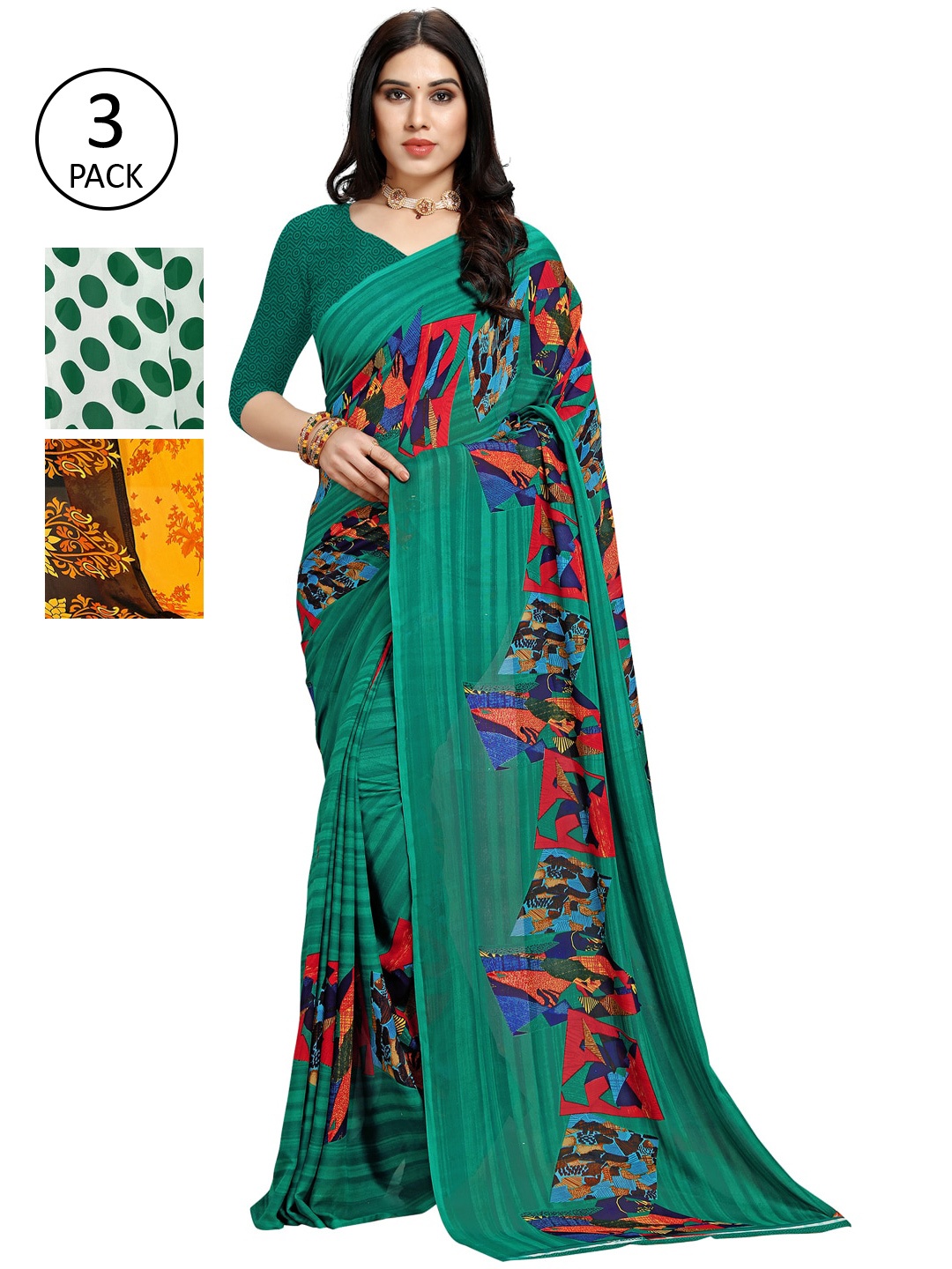 KALINI Pack Of 3 Yellow & Green Saree